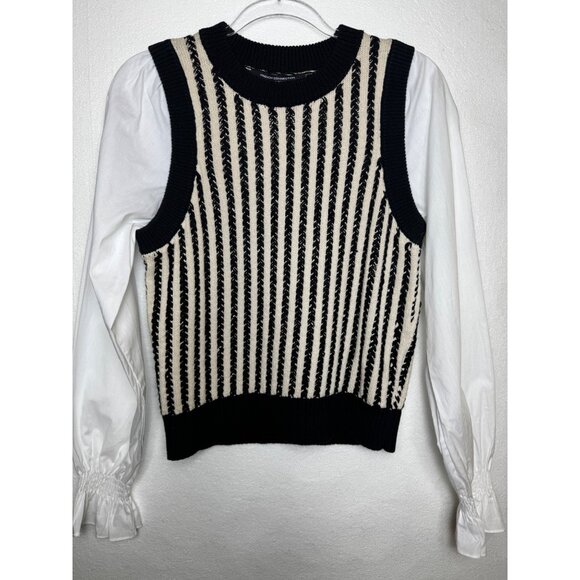French Connection Black & White Moma Vest Mix Top Medium Preppy Sweater Knit - Picture 1 of 8